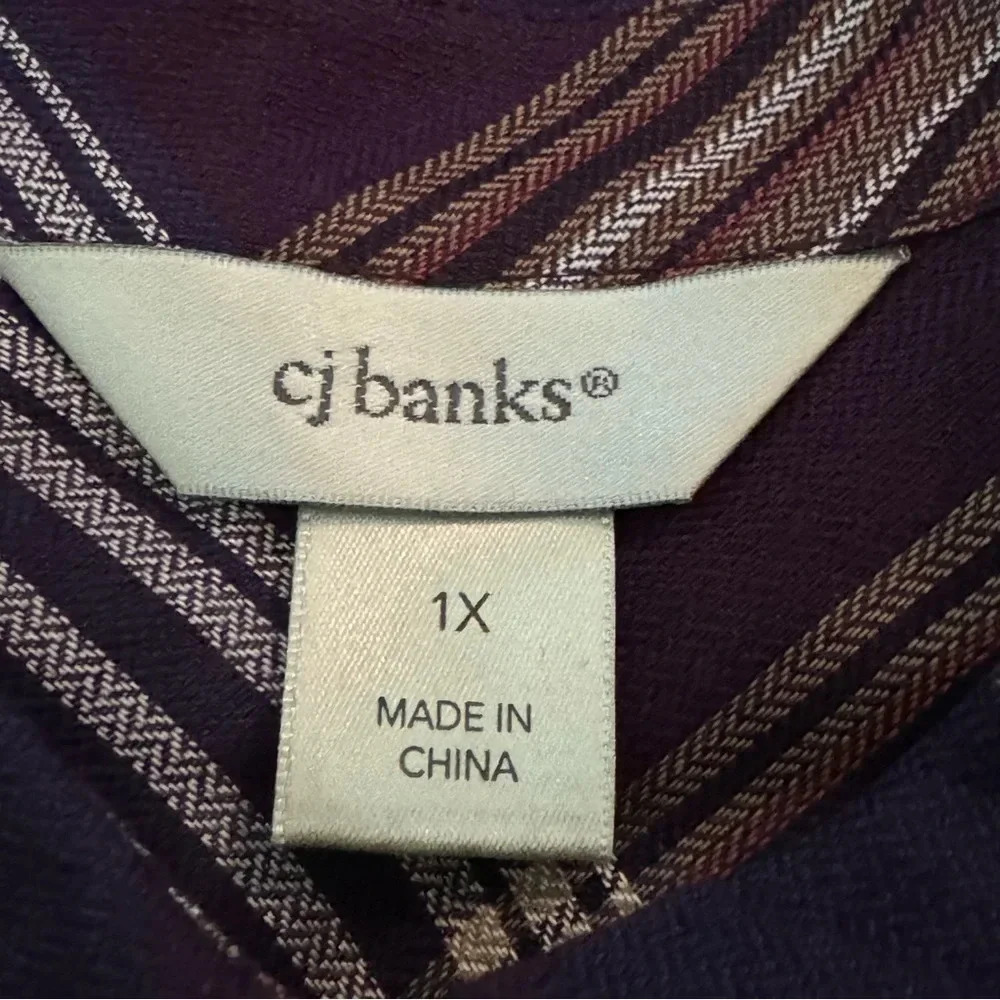 CJ Banks 1X Shirt Top Purple Plaid Button Up Long Sleeve Collared Lightweight - Picture 5 of 7